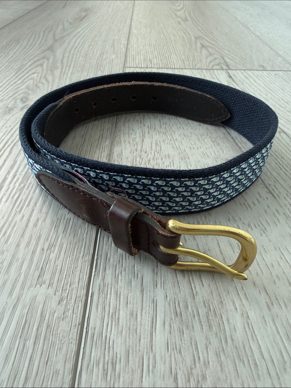 Vineyard Vines Navy & Brown Kids Canvas Belt with Gold Buckle